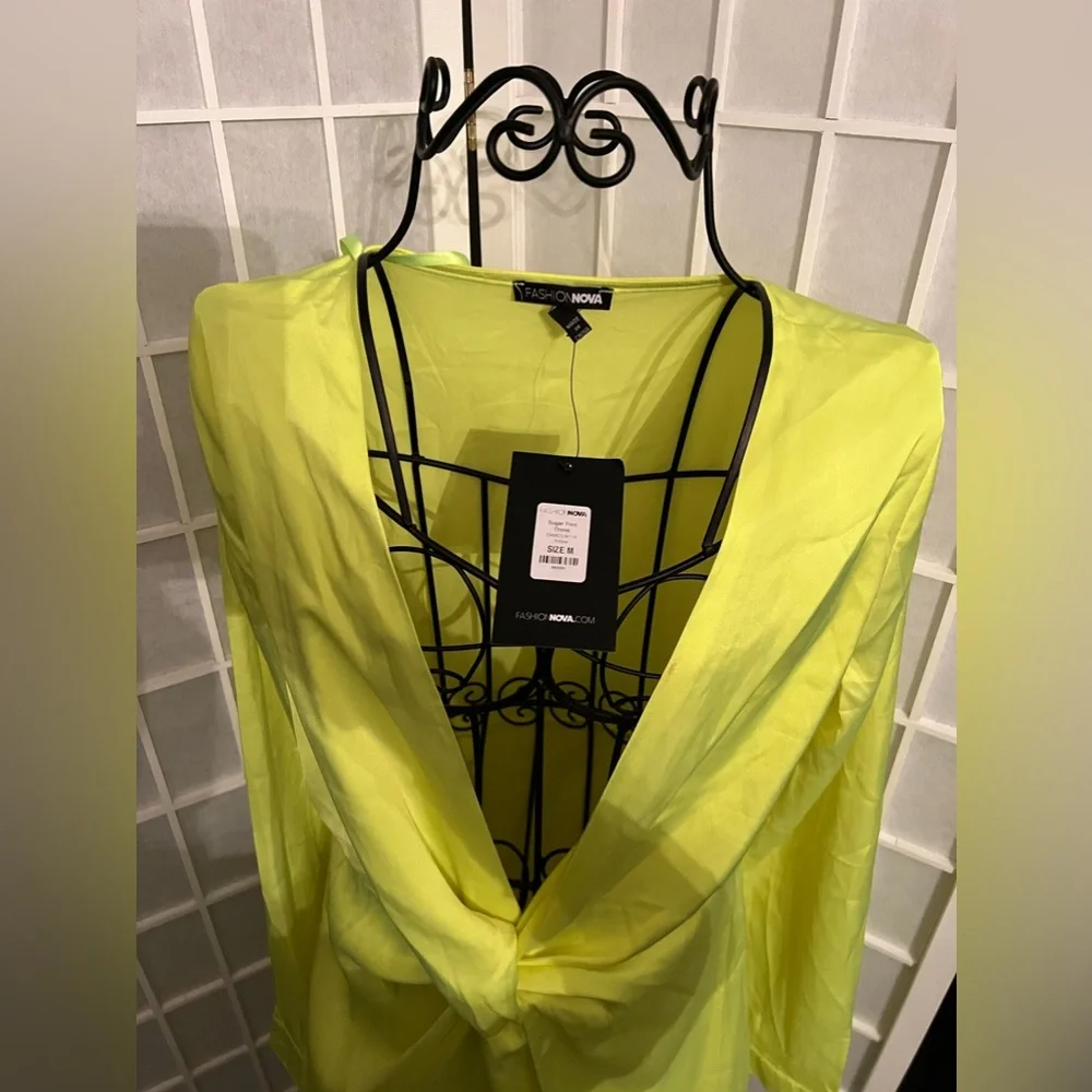FASHION NOVA Sugar Free Dress Satin Neon Yellow NWT - Picture 12 of 14